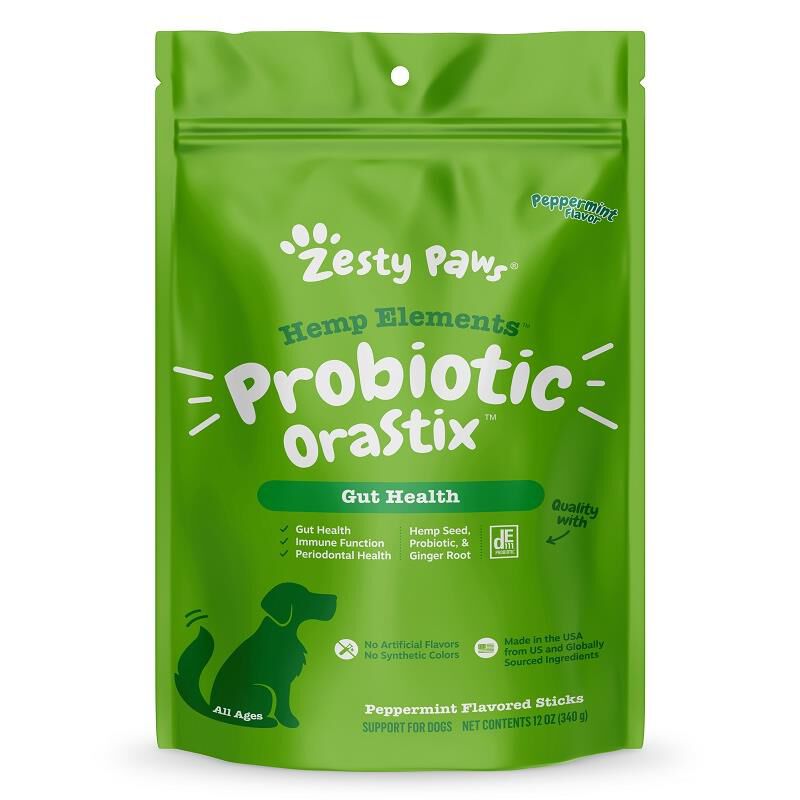 Zesty Paws Hemp Elements Probiotic OraStix Gut Health Supplement for Dogs Peppermint Flavor Dental Sticks