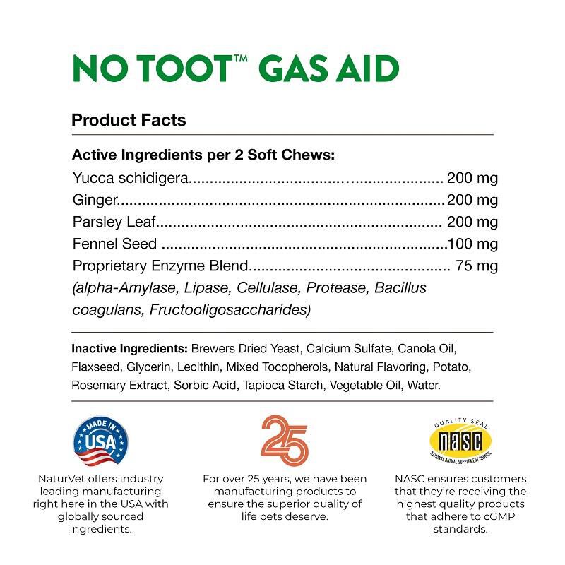 NaturVet No Toot Gas Aid Plus Fennel for Dogs, 70 Soft Chews