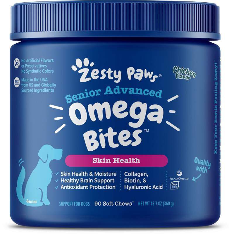 Zesty Paws Senior Advanced Omega Bites Skin Health Chicken Flavor Soft Chews for Dogs, 90 ct