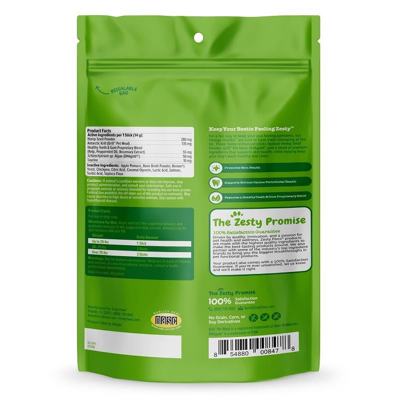 Zesty Paws Hemp Elements Omega OraStix Skin Health Supplement for Dogs Peppermint Flavor Dental Sticks 12 oz