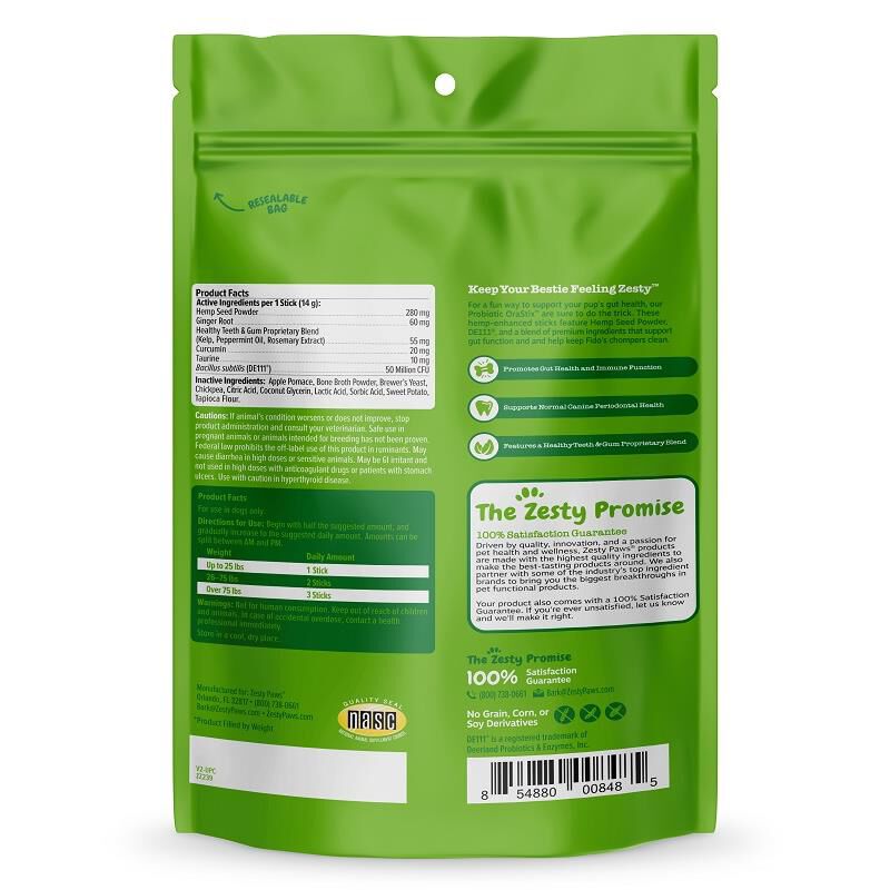 Zesty Paws Hemp Elements Probiotic OraStix Gut Health Supplement for Dogs Peppermint Flavor Dental Sticks 12 oz