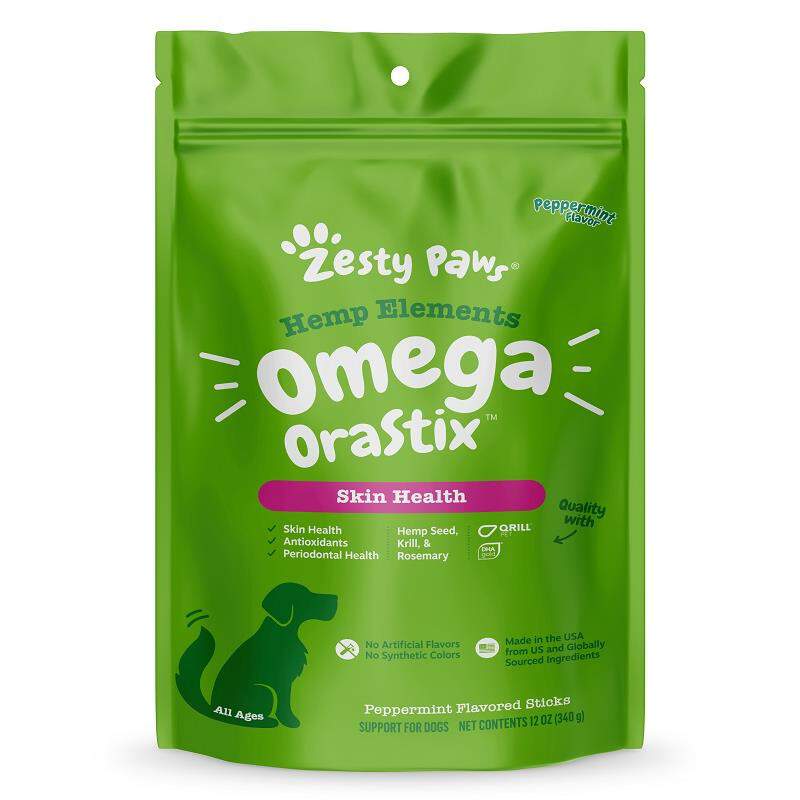 Zesty Paws Hemp Elements Omega OraStix Skin Health Supplement for Dogs Peppermint Flavor Dental Sticks 12 oz