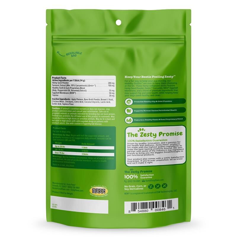 Zesty Paws Hemp Elements Mobility OraStix Hip & Joint Supplement for Dogs Peppermint Flavor Dental Sticks 12 oz