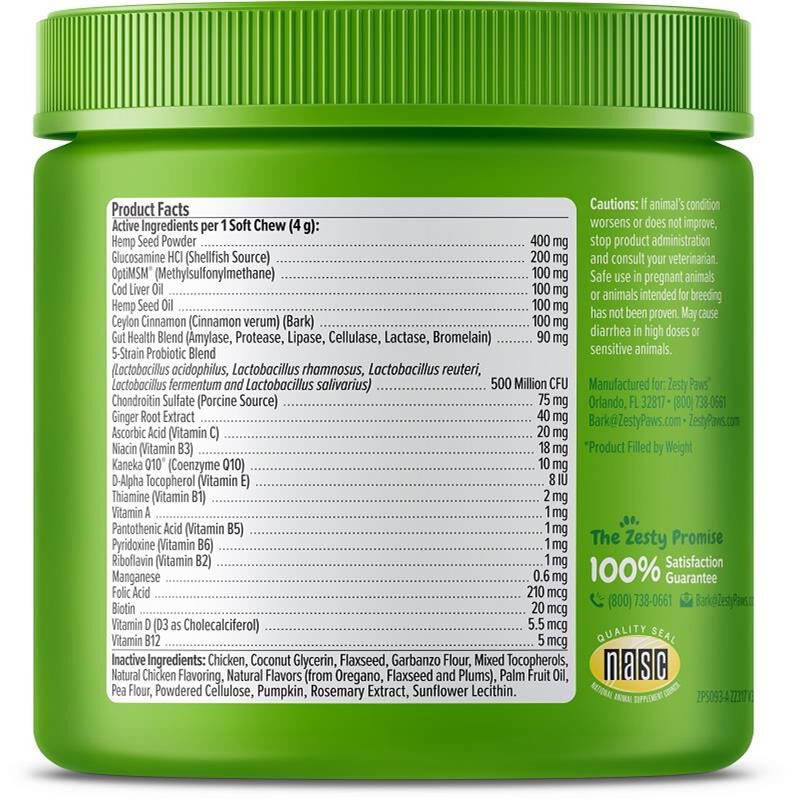 Zesty Paws Hemp Elements 8-in-1 Multifunctional Bites Supplement for Dogs Chicken Flavor, 90 soft chews