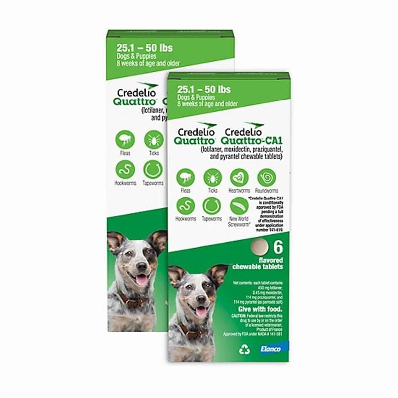 Credelio Quattro Flavored Chewable Tablet for Dogs & Puppies 25.1-50 lbs Green 12 Month Supply