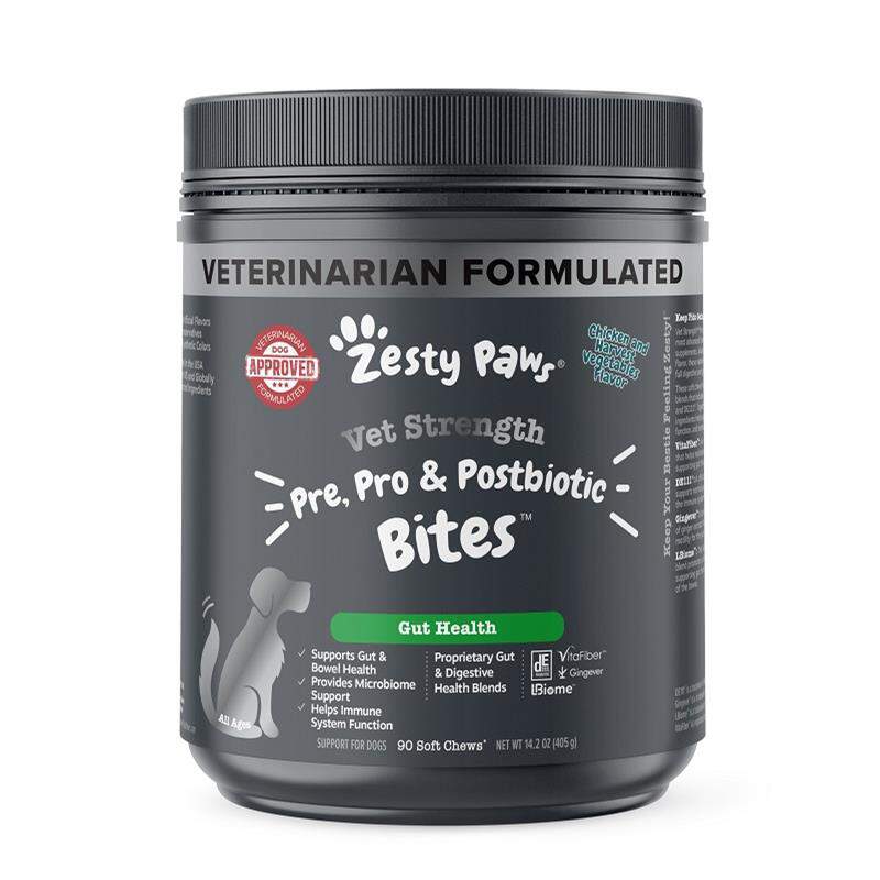 Zesty Paws Vet Strength Pre, Pro & Postbiotic Bites Gut Health Supplement, 90 Soft Chews