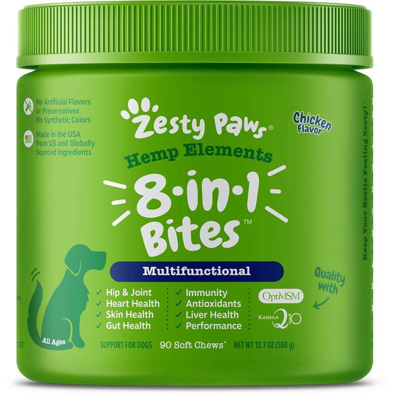 Zesty Paws Hemp Elements 8-in-1 Multifunctional Bites Supplement for Dogs Chicken Flavor, 90 soft chews