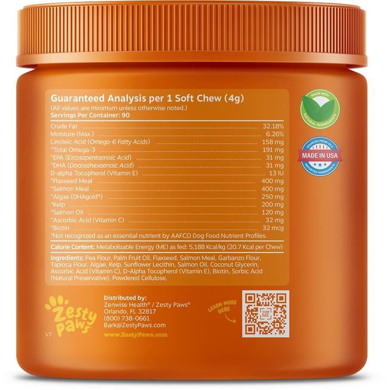 Zesty Paws Salmon Bites Skin & Coat Supplement for Dogs Salmon Flavor, 90 soft chews
