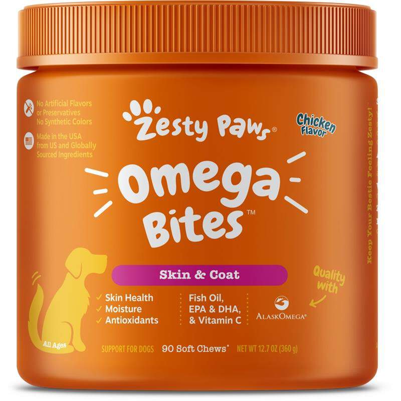 Zesty Paws Omega Bites Skin & Coat Supplement for Dogs Chicken Flavor, 90 soft chews