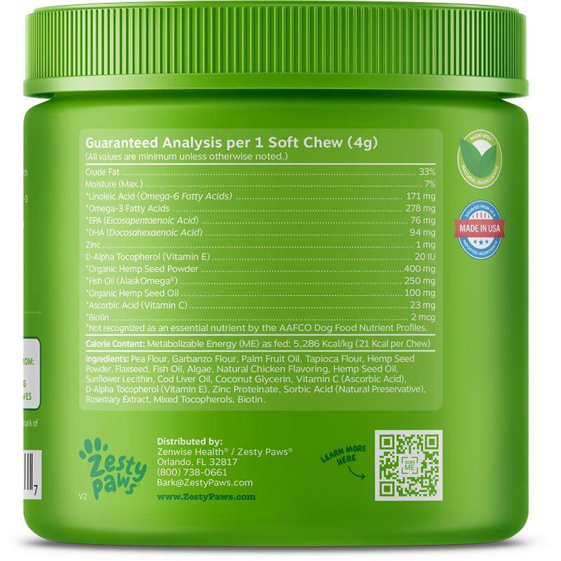Zesty Paws Hemp Elements Omega Bites Skin & Coat Supplement for Dogs Chicken Flavor, 90 soft chews