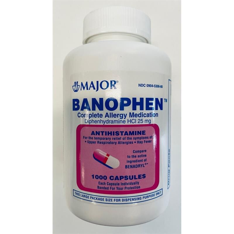 Banophen (Diphenhydramine 25 mg), 1000 Capsules