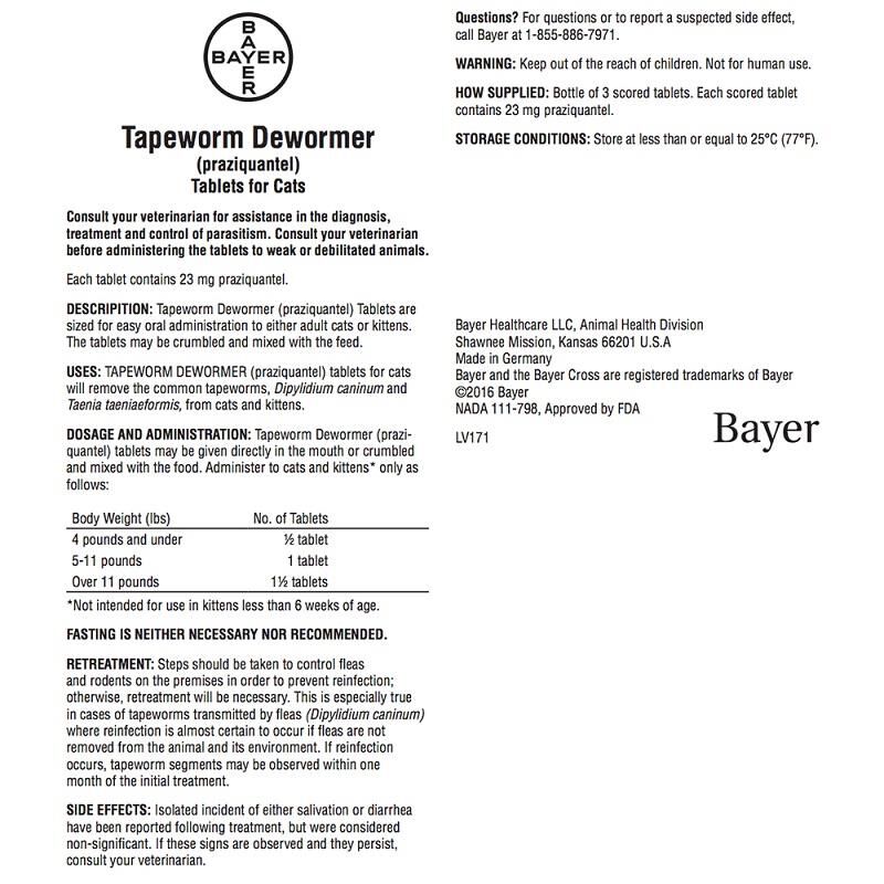 Bayer Tapeworm Dewormer (Praziquantel) for Cats, 3 Tablets